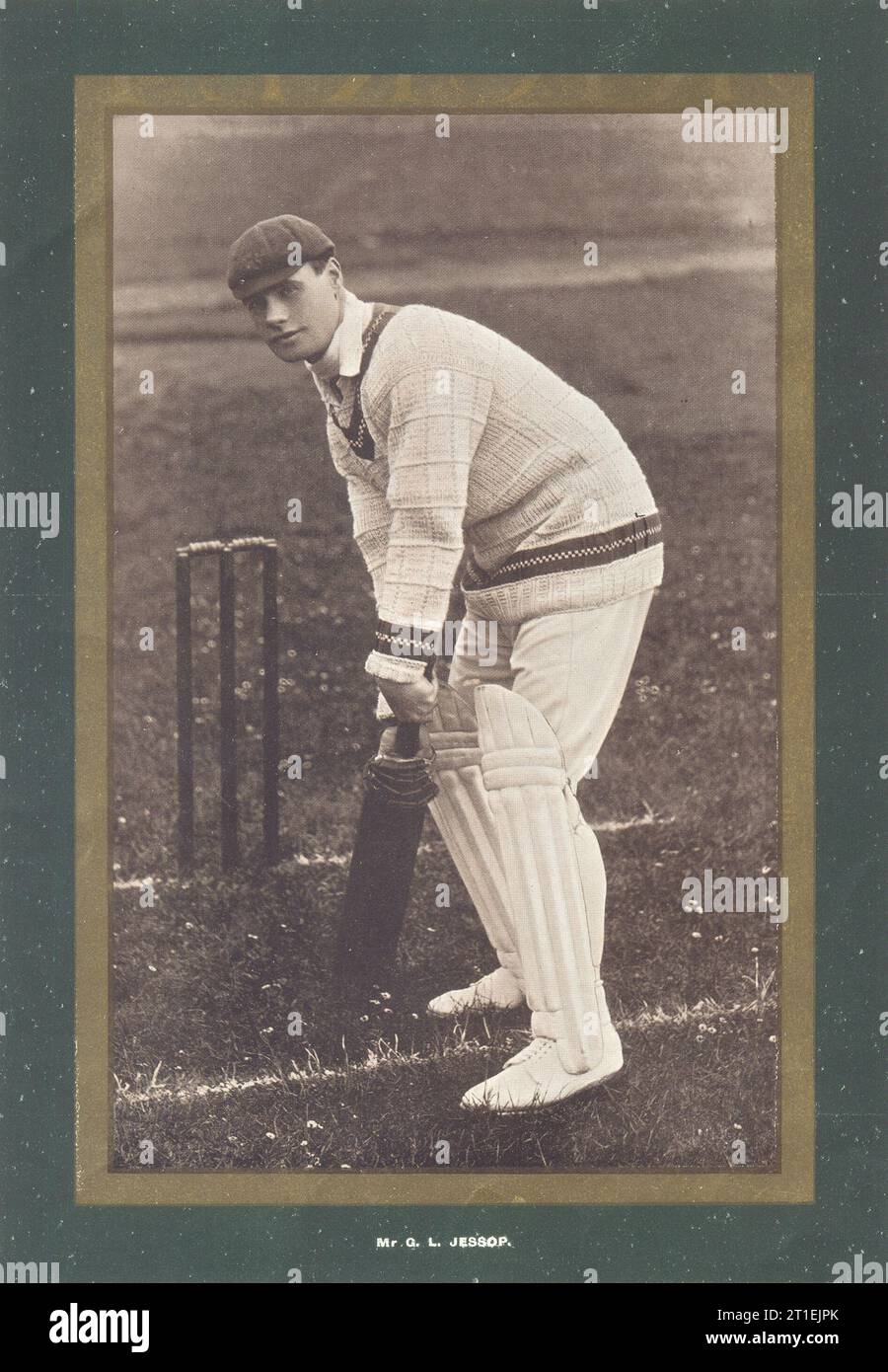 CRICKET. Mr. G. L. Jessop shown batting (photographic) . Gilt border 1902 Stock Photo