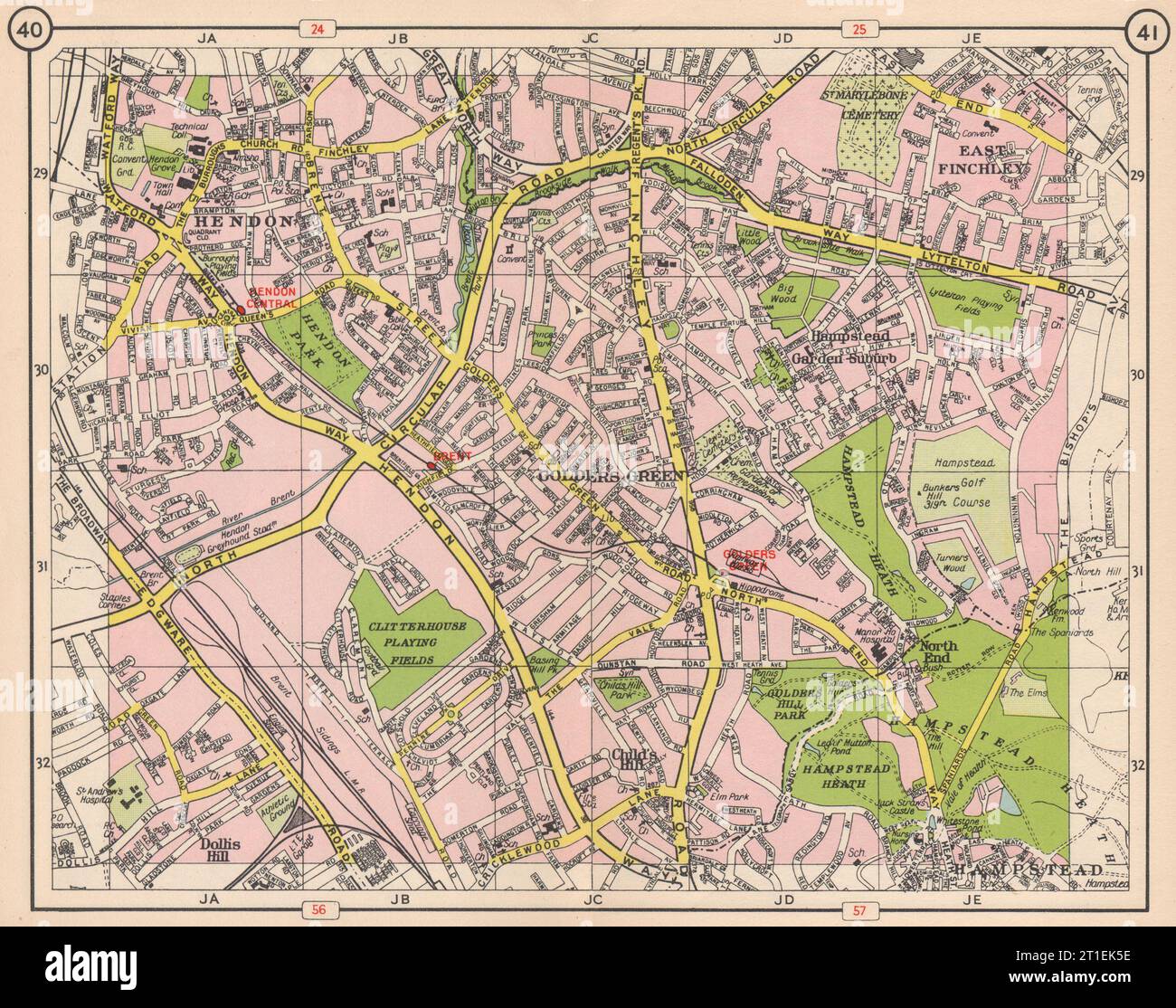 NW LONDON. Hendon East Finchley Golder's Green Child's Hill North End 1953 map Stock Photo