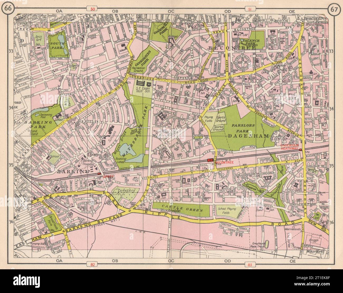 E LONDON. Becontree Dagenham Barking Rippleside Upney Goodmayes Park 1953 map Stock Photo