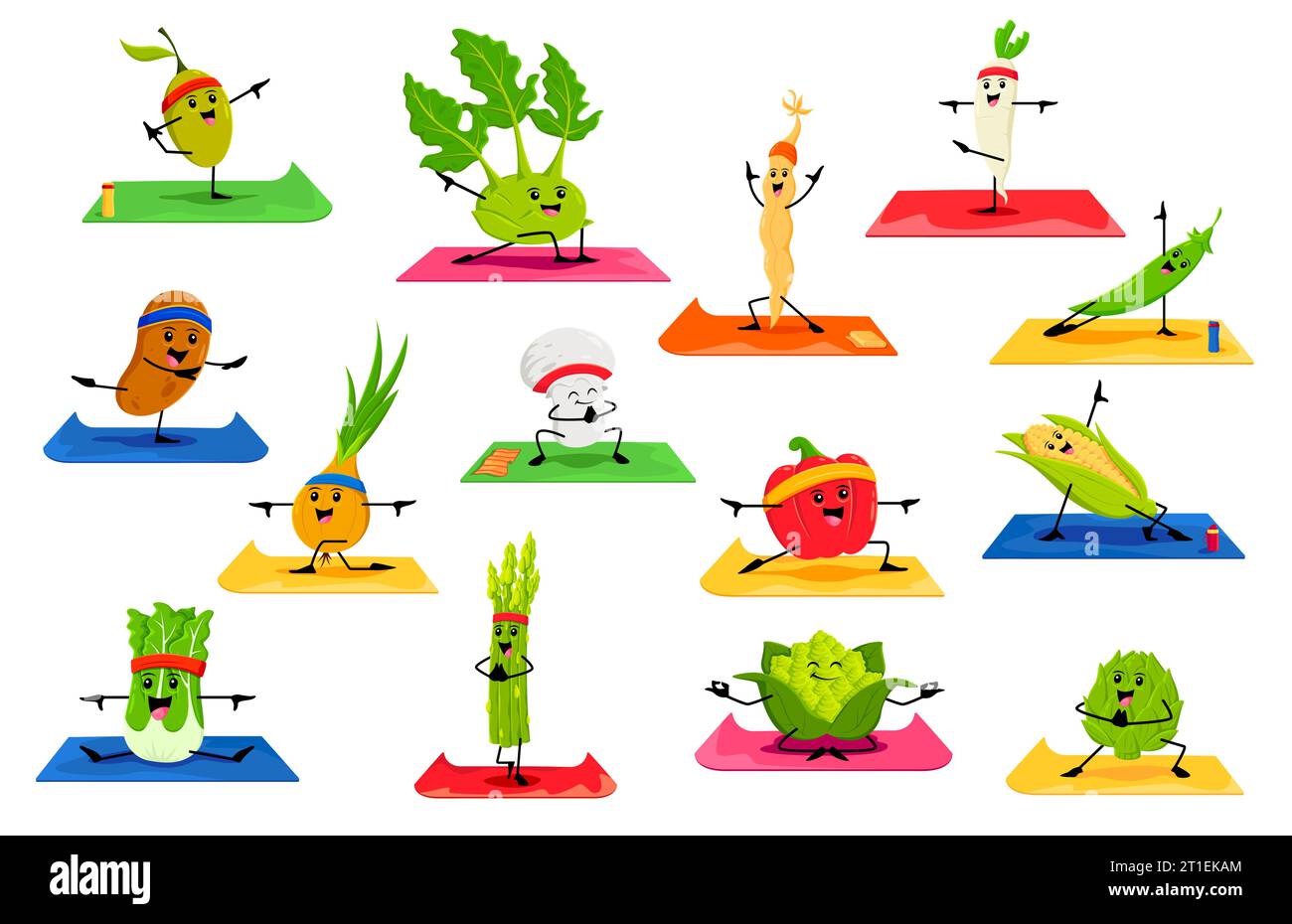 Cartoon vegetable characters on yoga fitness sport. Vector olive ...
