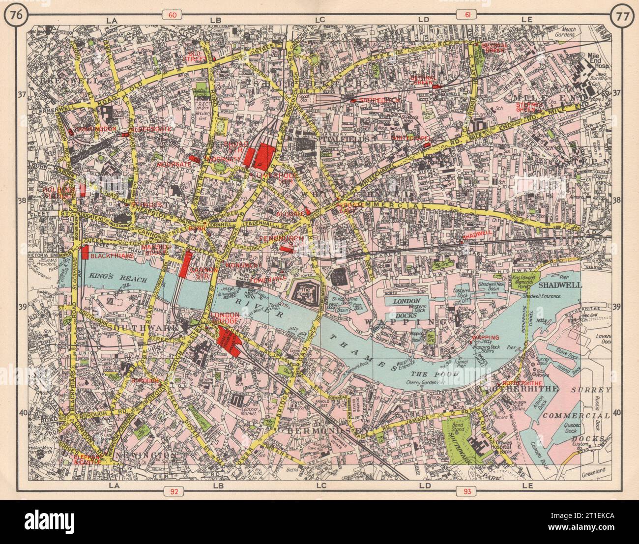 LONDON CITY/EAST END. Southwark Shoreditch Whitechapel Bermondsey 1953 old map Stock Photo