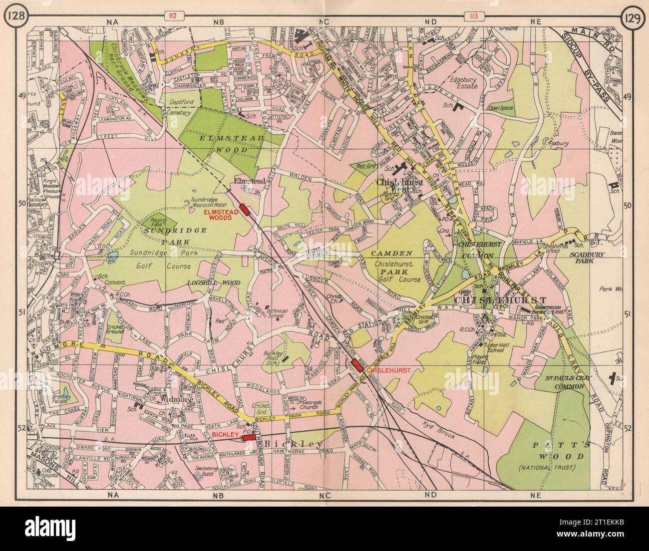 SE LONDON. Chislehurst Widmore Bickley Petts Wood Elmstead Pett's Wood 1953 map Stock Photo