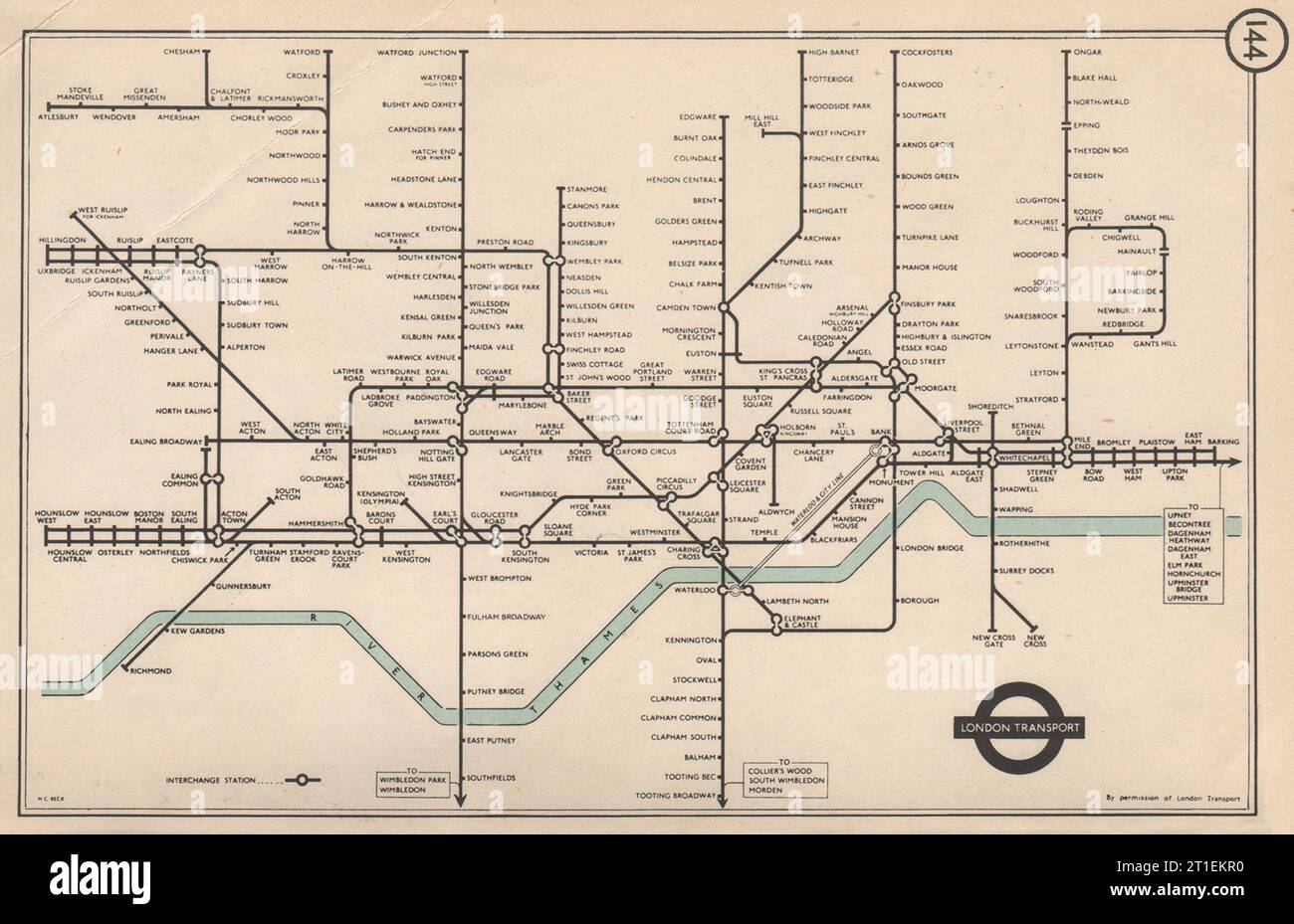 LONDON UNDERGROUND Tube map pre-Victoria Line. South Acton. HARRY BECK 1953 Stock Photo