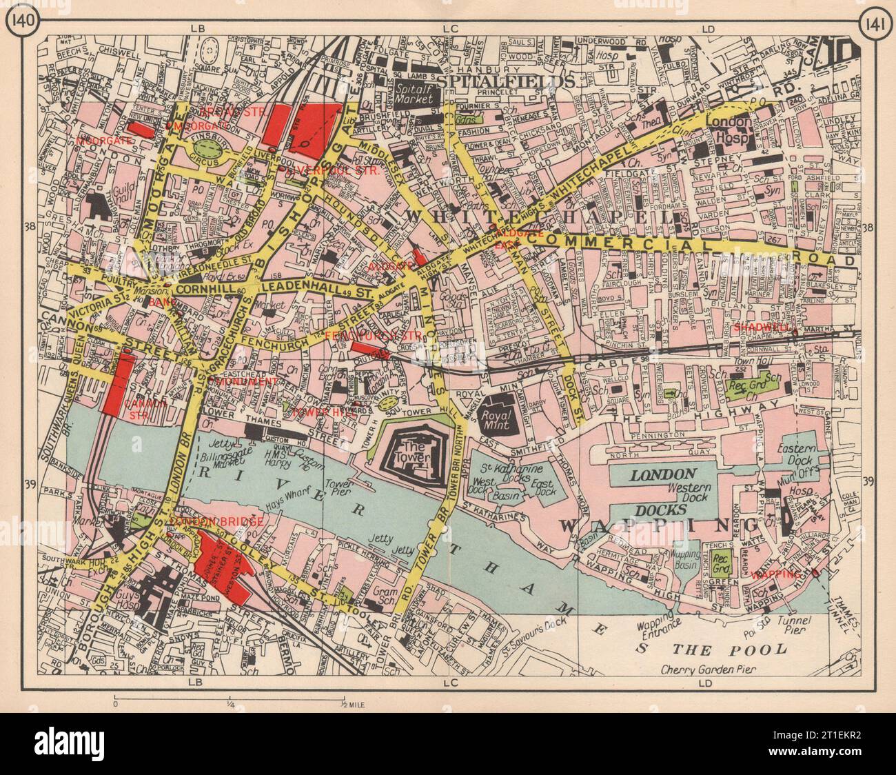 LONDON East End Spitalfields Whitechapel Wapping Borough City Shadwell 1953 map Stock Photo