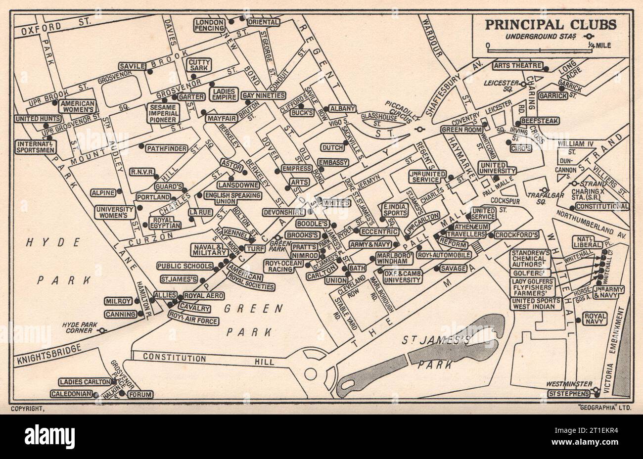 LONDON GENTLEMENS' & LADIES CLUBS. St James's Mayfair Whitehall 1953 old map Stock Photo