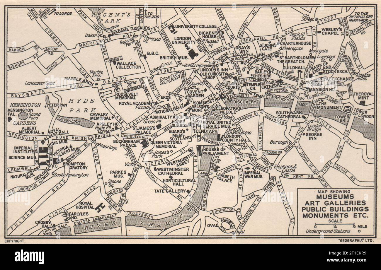 LONDON Museums Art Galleries Public Buildings Monuments 1953 old vintage map Stock Photo