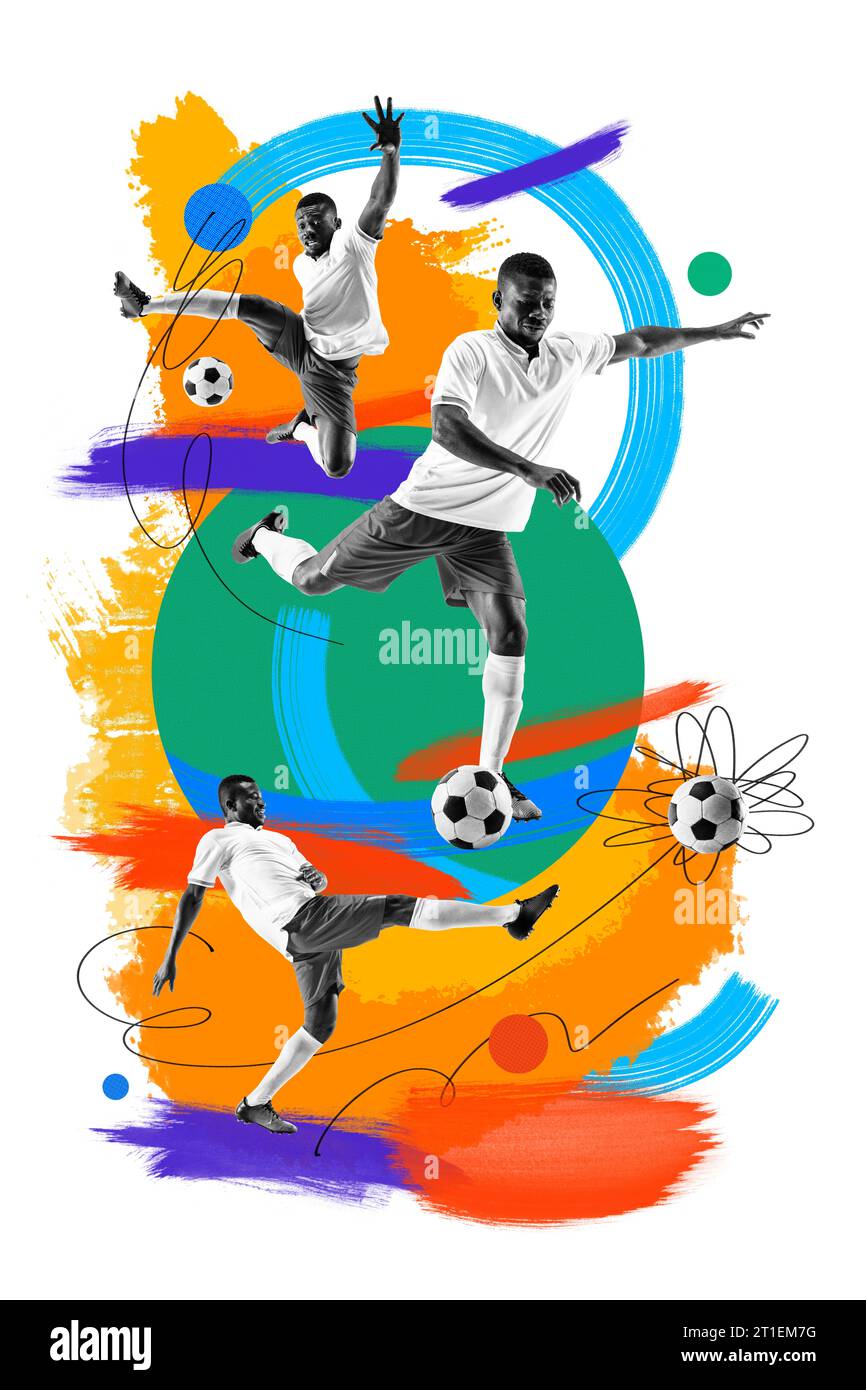 Young african man, football player in motion, kicking ball with leg ...