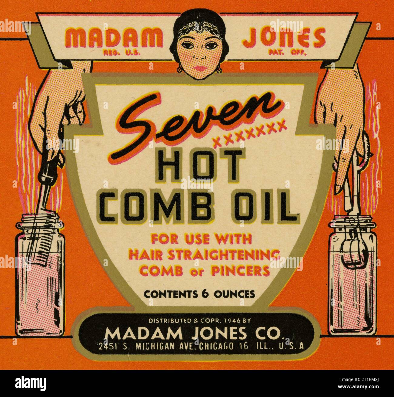 Madam Jones, Seven Hot Comb Oil label from box, for use with hair straightening comb. USA.  1930s advertising.  Vintage packaging, design Stock Photo