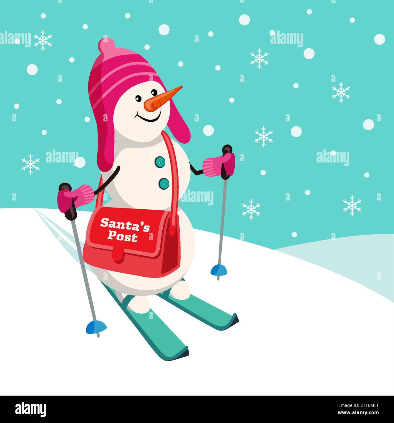 Snowman on skis with postman's bag on winter landscape background