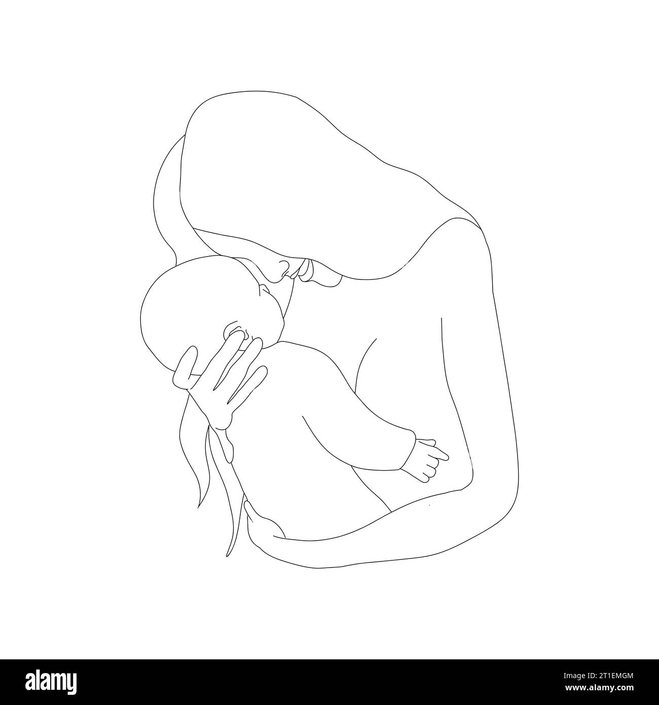 Mother and child in linear style. Happy mom hugging her newborn baby. One line art. Minimalistic vector illustration. Abstract family silhouette Stock Vector
