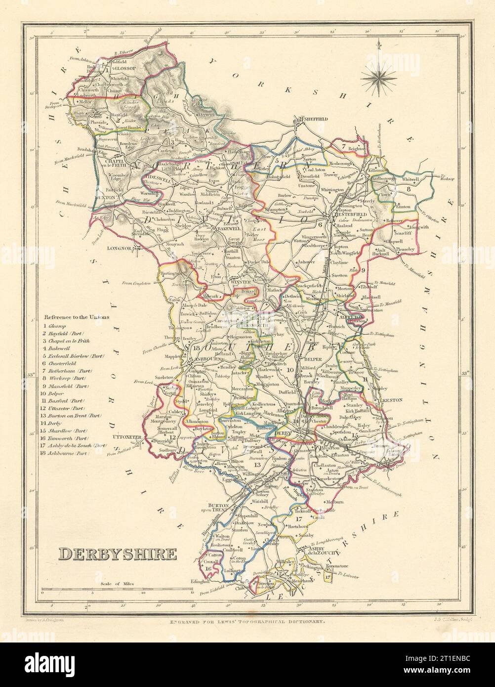 Antique county map of DERBYSHIRE by Creighton & Walker for Lewis c1840 old Stock Photo