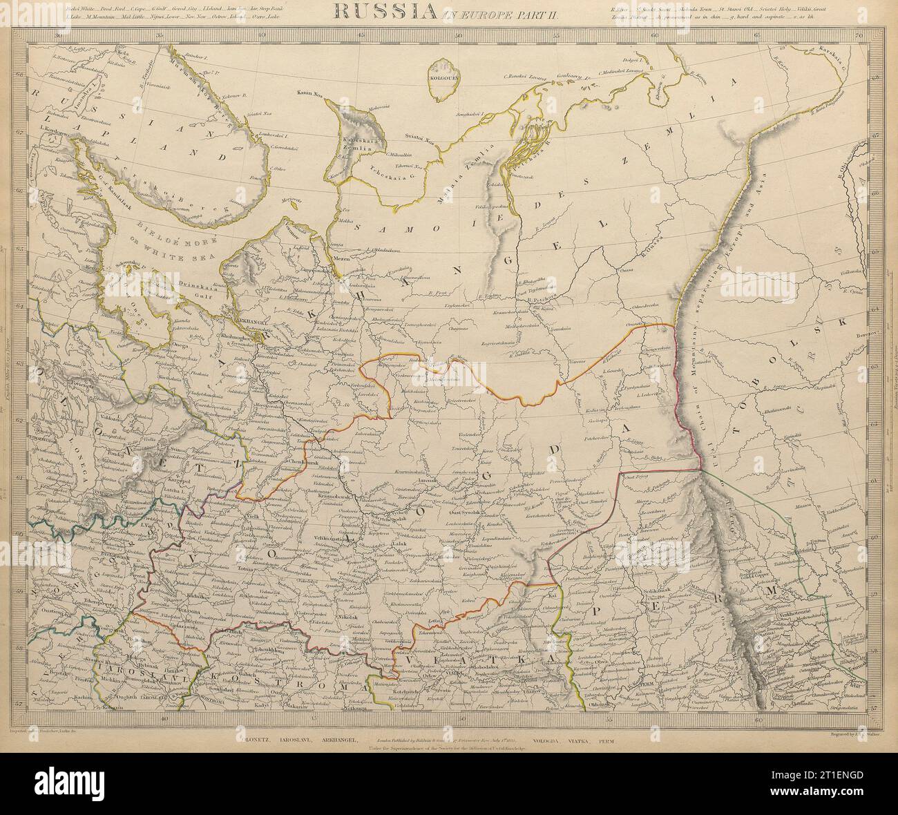 RUSSIA Arkhangelsk Vologda VIatka Olontez Perm Iaroslavl SDUK 1844 old map Stock Photo