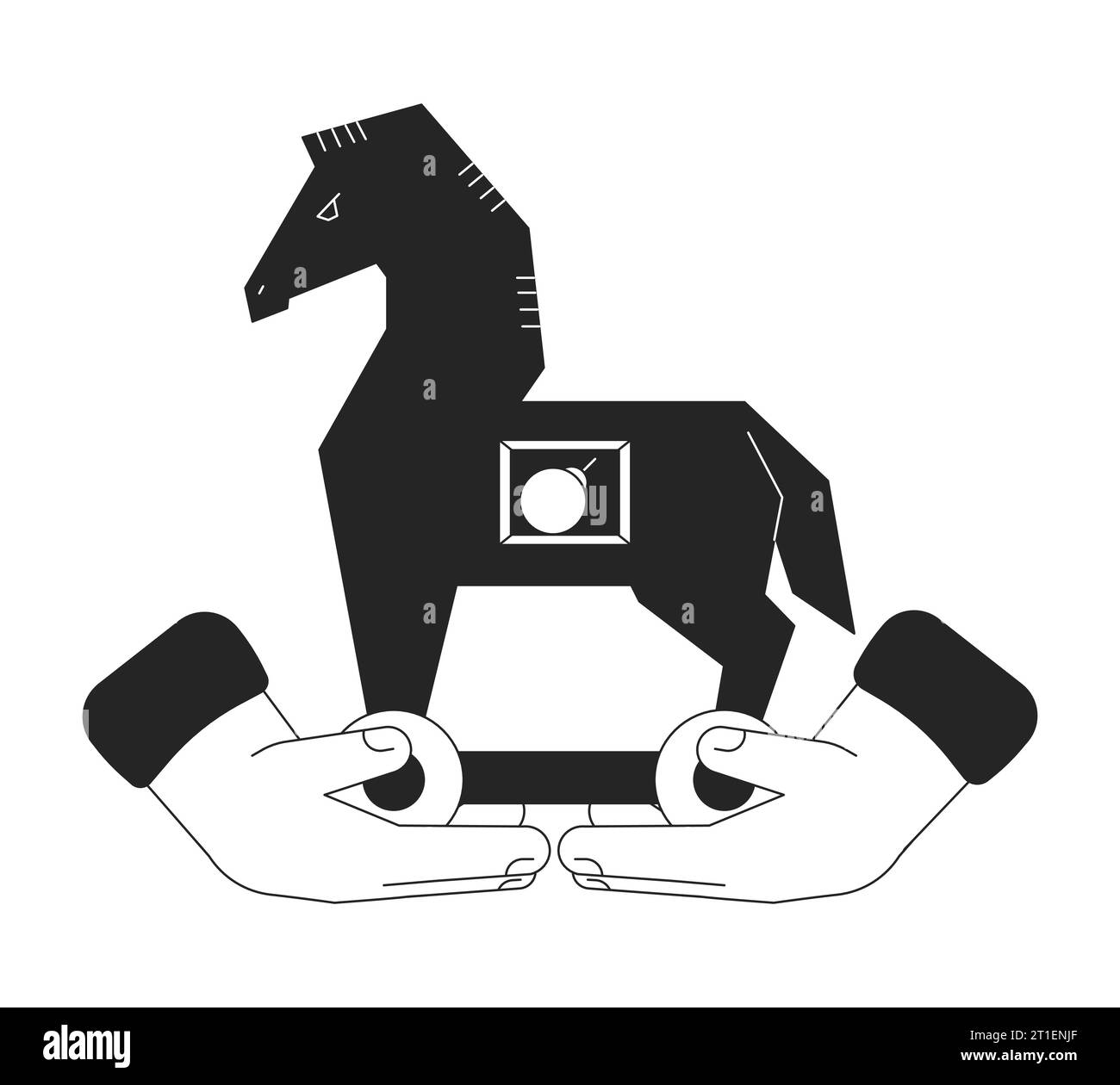 Holding trojan horse bw concept vector spot illustration Stock Vector