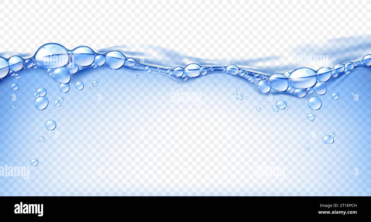 Realistic transparent pool water wave surface with bubbles, blue flow splash. Vector boiling