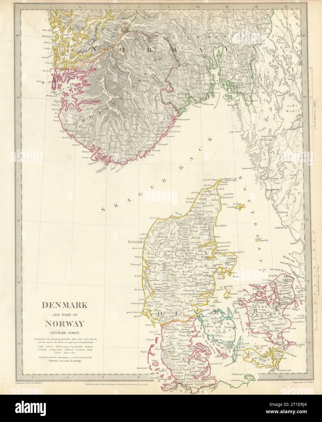SCANDINAVIA. Denmark and Southern Norway (Norge) . SDUK 1844 old antique map Stock Photo