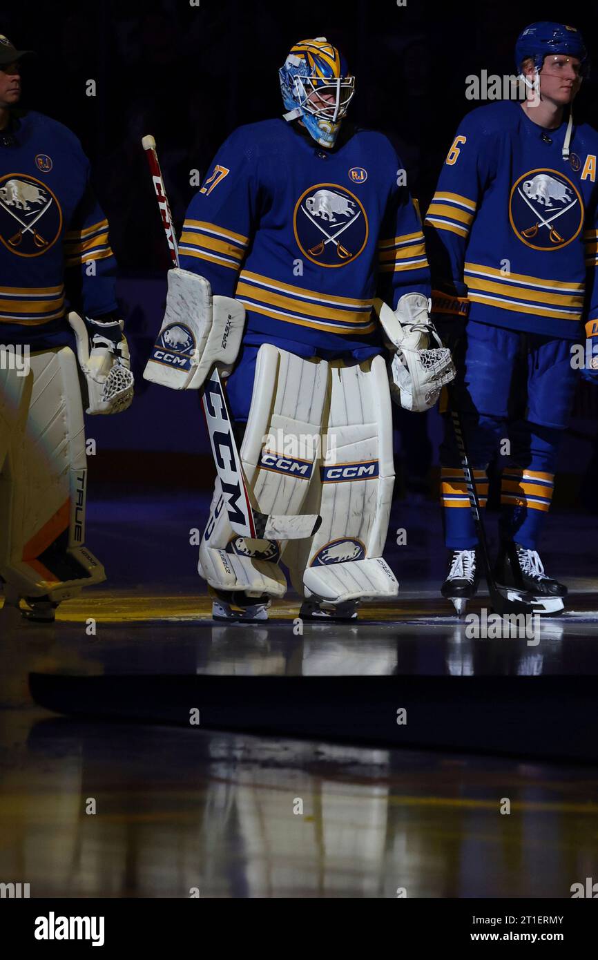 Buffalo Sabres goaltender Devon Levi (27) looks on during the second period  of an NHL hockey game against the Carolina Hurricanes, Saturday, April 8,  2023, in Buffalo, N.Y. (AP Photo/Jeffrey T. Barnes