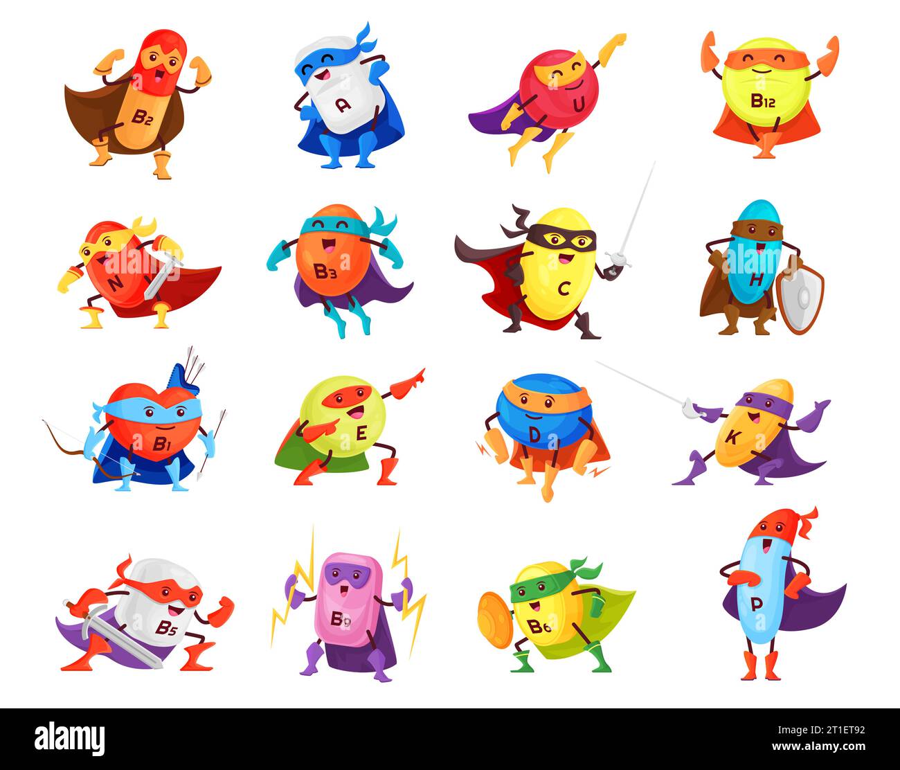 Cartoon vitamin superhero characters, vector food supplements. Cute