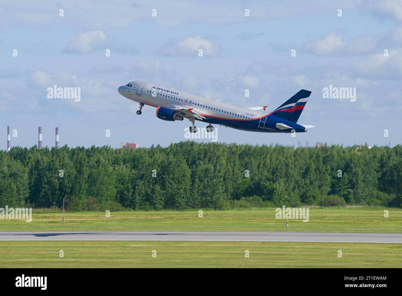 ST. PETERSBURG, RUSSIA - JUNE 20, 2018: Take-off of the Airbus A320-214 (VQ-BCN) of Aeroflot airline on Pulkovo Airport Stock Photo