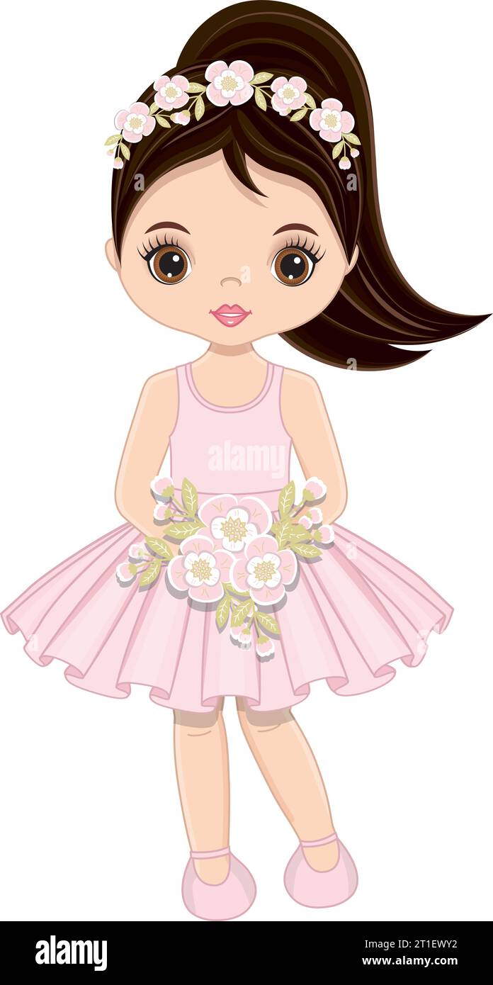 Vector Young Beautiful Girl in Pastel Pink Dress with Flowers Stock ...