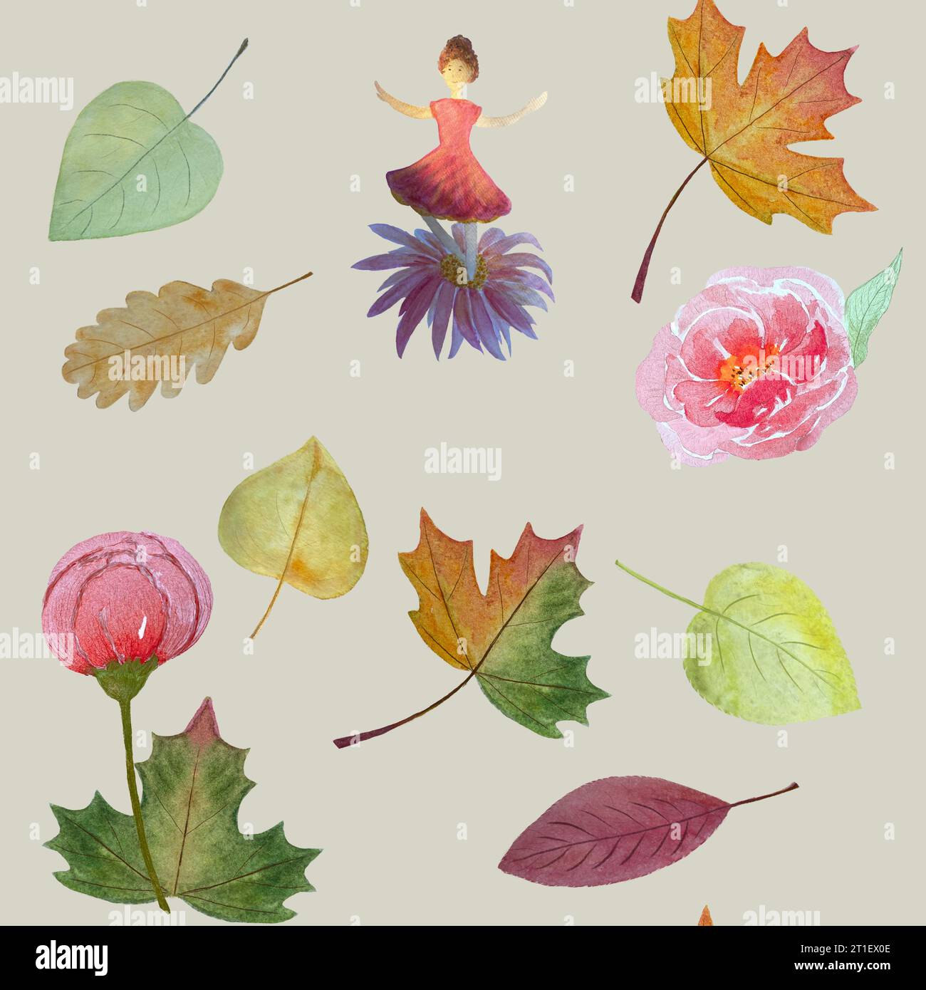 Hand painted watercolor fairy peony autumn leaves Stock Photo