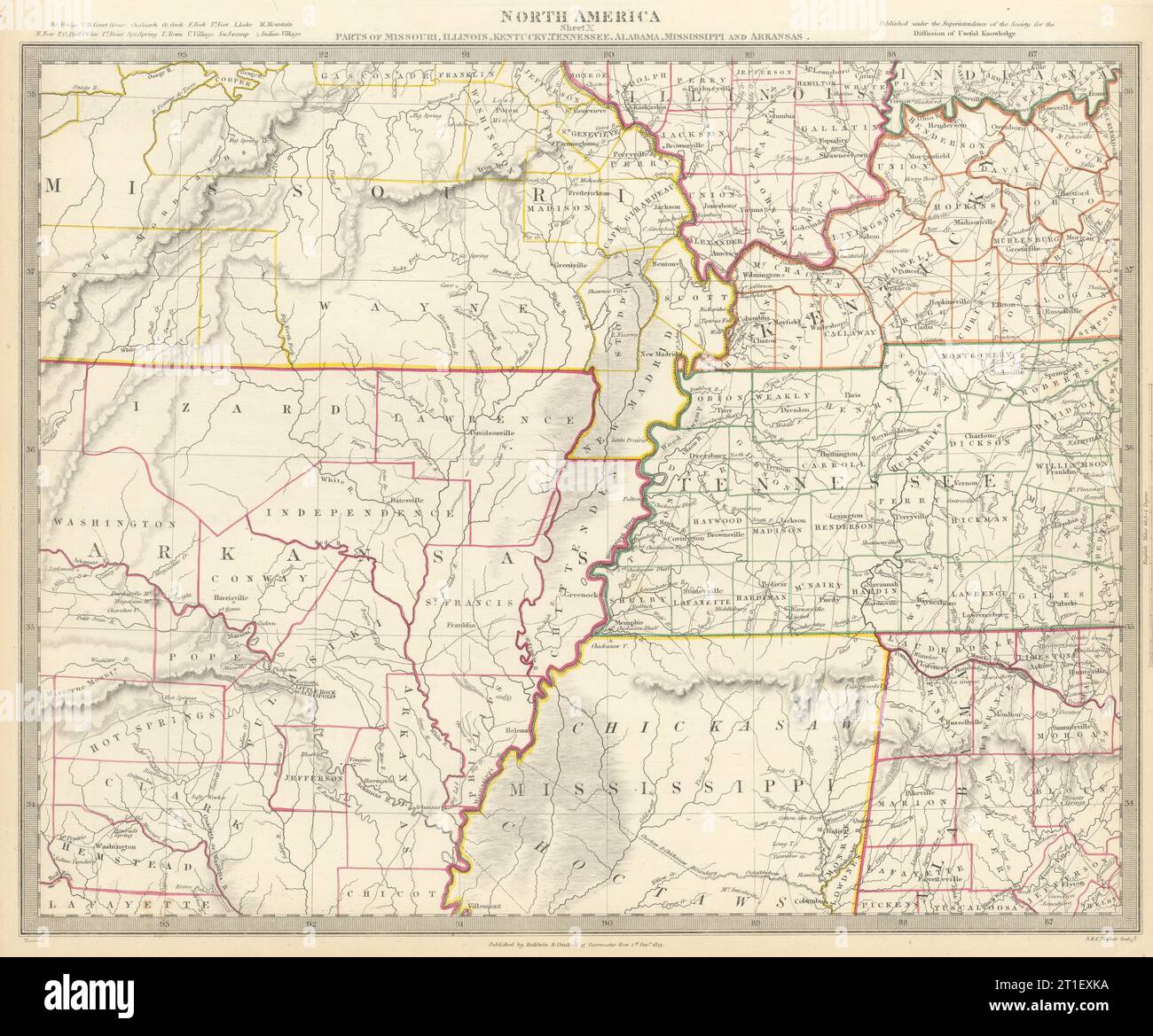 USA. AR MO TN MS IL IN KY AL. Choctaw Chickasaw boundaries. SDUK 1844 old map Stock Photo