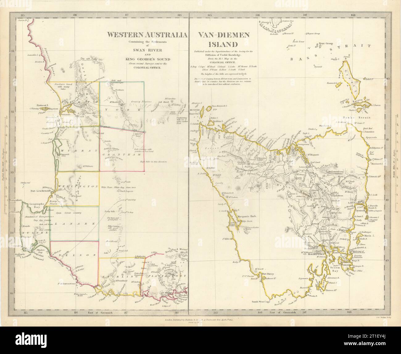 AUSTRALIA. Western Australia & Van Diemen's Land (Tasmania) . SDUK 1844 map Stock Photo