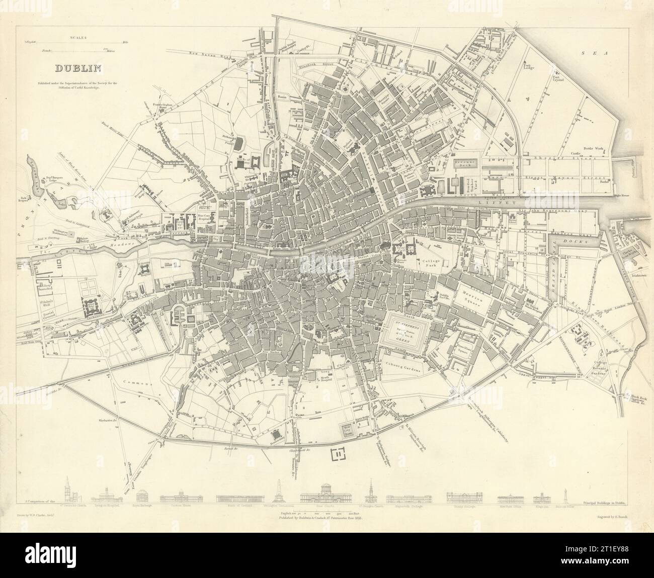 DUBLIN. Antique town city map plan. Key buildings profiles. SDUK 1844 old Stock Photo