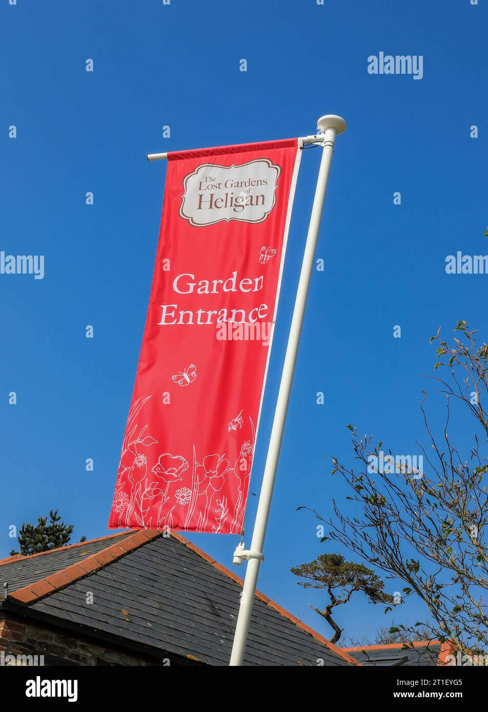 A banner at the entrance to the Lost Gardens of Heligan Cornwall April 2021 Stock Photo