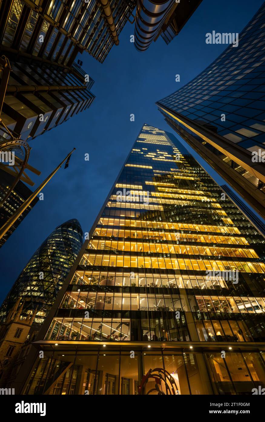 London, UK: The Scalpel building at 52 Lime Street in the City of London. Also the Lloyds Building (L), Willis Building (R) and Gherkin (behind). Stock Photo