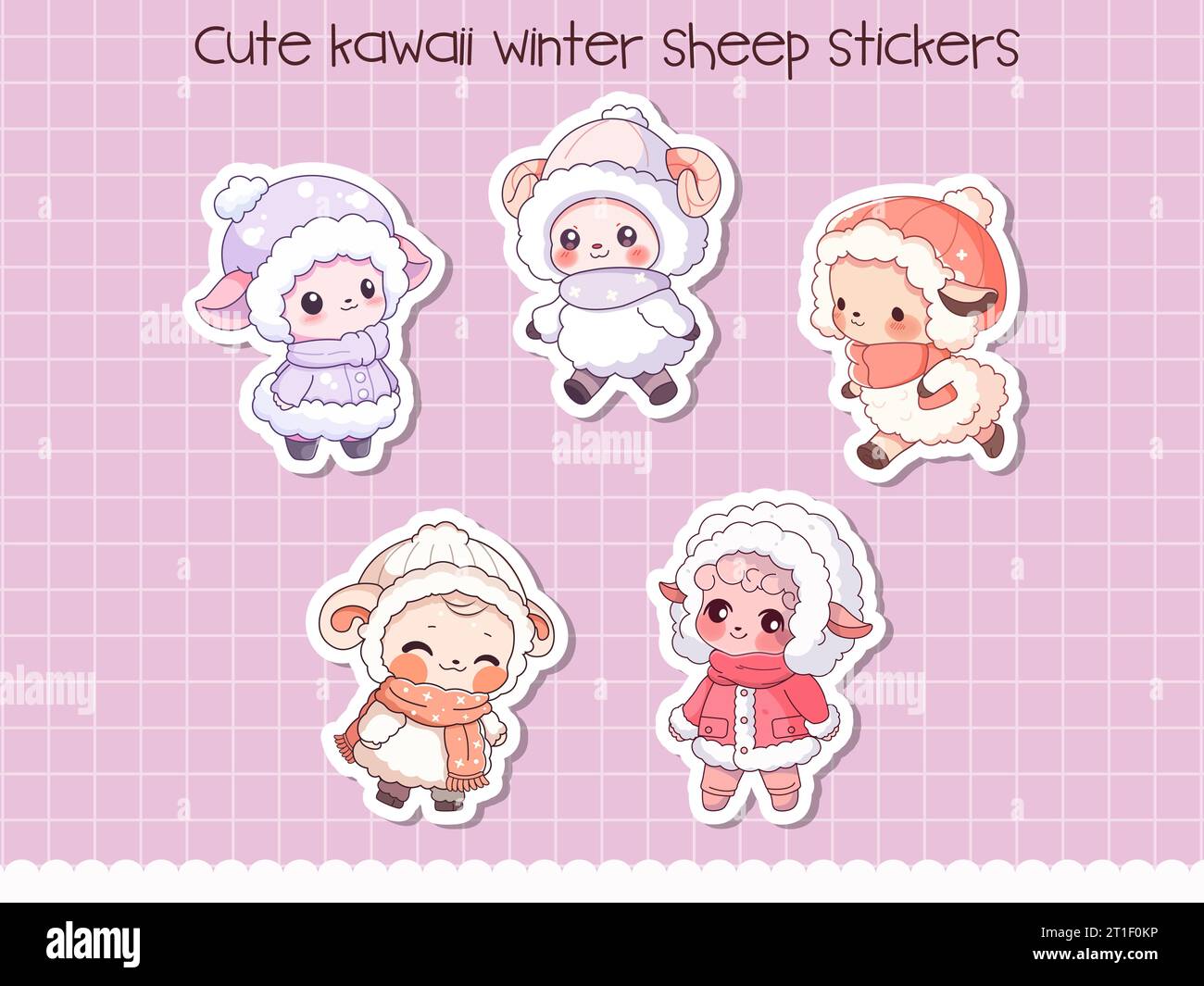 Cute kawaii sheep in winter clothes sticker sheet. Vector illustration ...