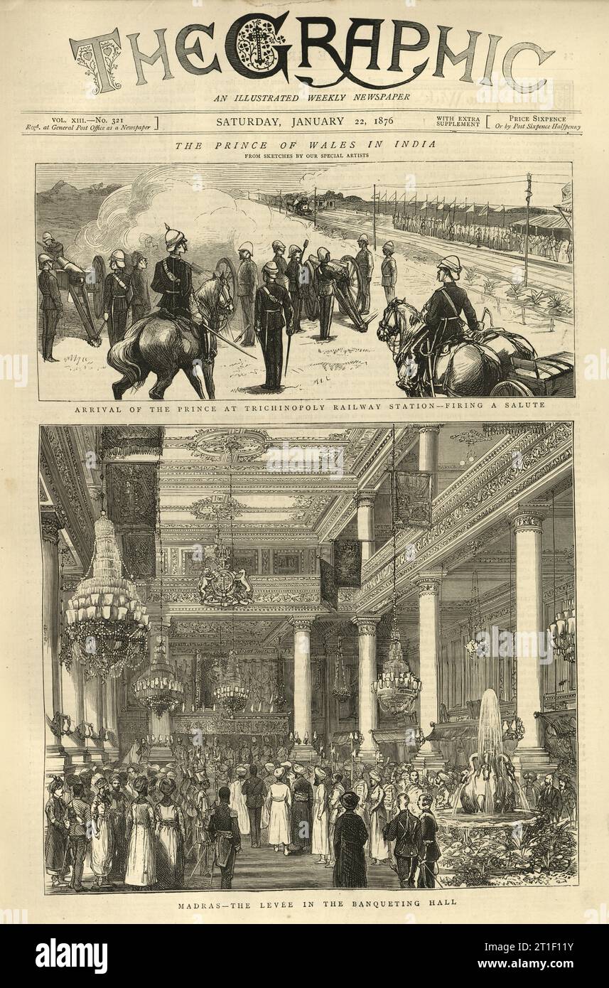 Vintage Victorian newspaper Prince of Wales, later King Edward VII, in India, at Trichinopoly Railway station, Madras, Banqueting Hall, 1876, 19th Century Stock Photo