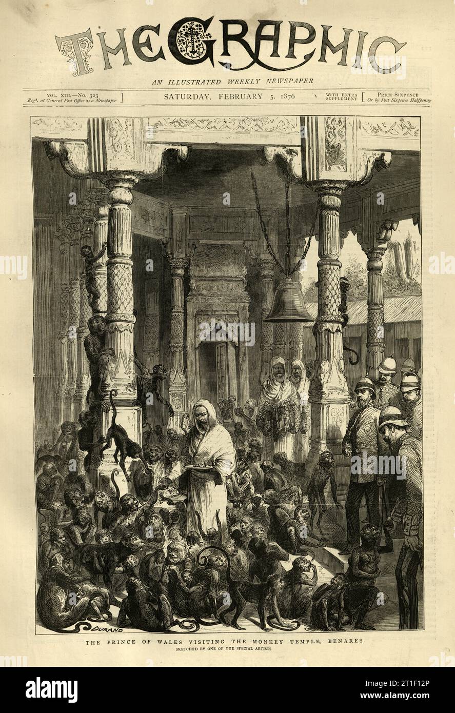 Victorian newspaper Princes of Wales, later King Edward VII, visinting the Monkey Temple, at Benares India, 1876 Stock Photo