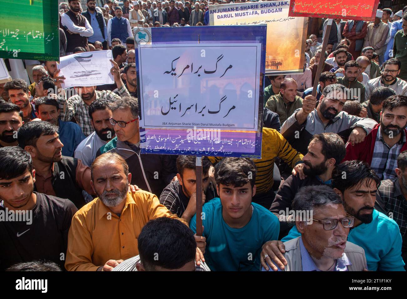 A Kashmiri Muslim holds a placard during a demonstration in solidarity ...