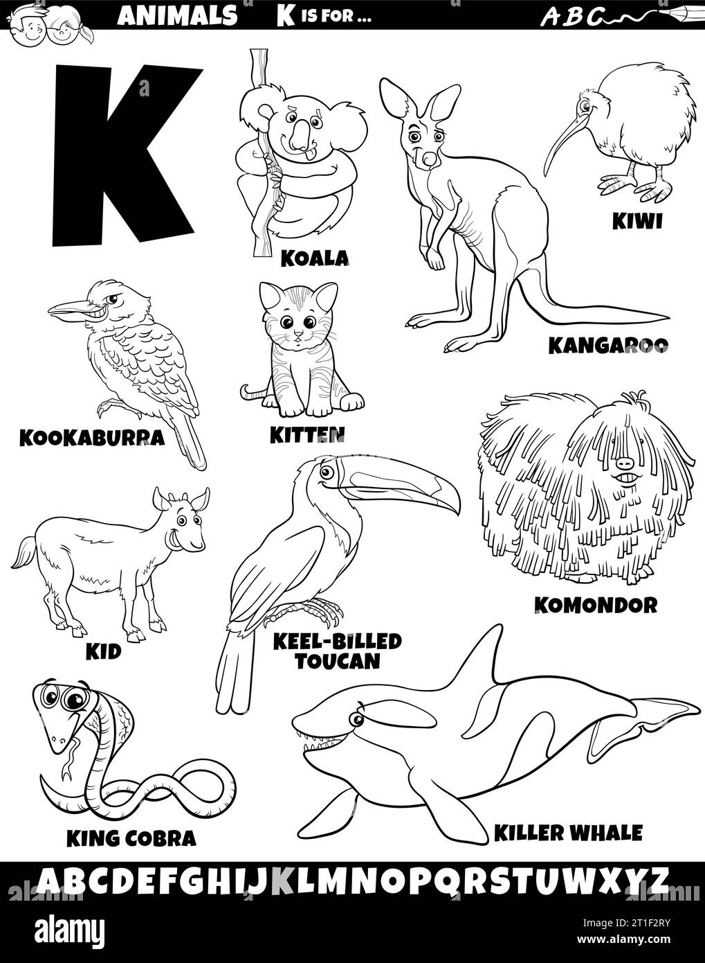 Cartoon illustration of animal characters set for letter K coloring page Stock Vector
