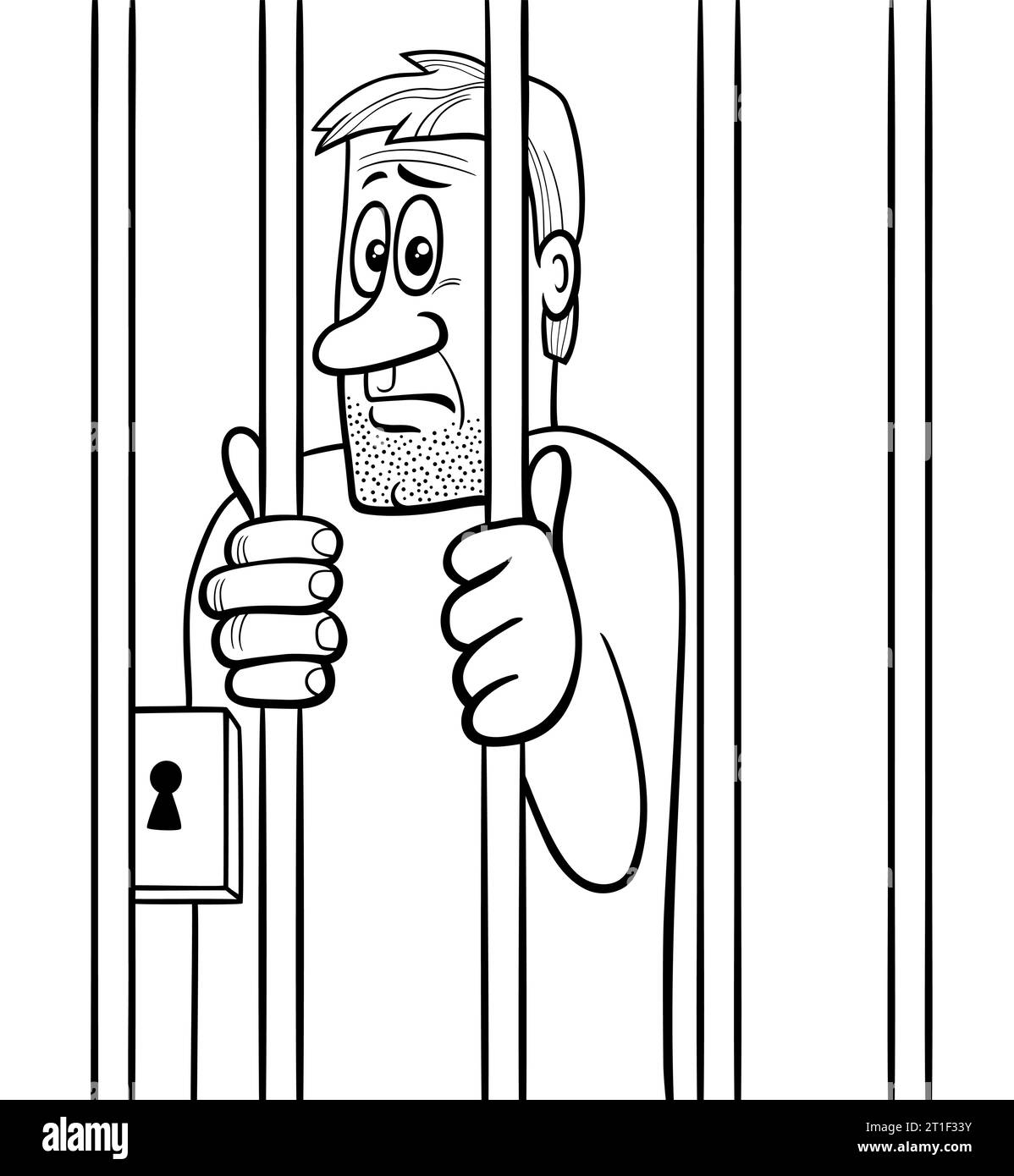 cartoon illustration of jailed man behind the prison bars coloring page Stock Vector