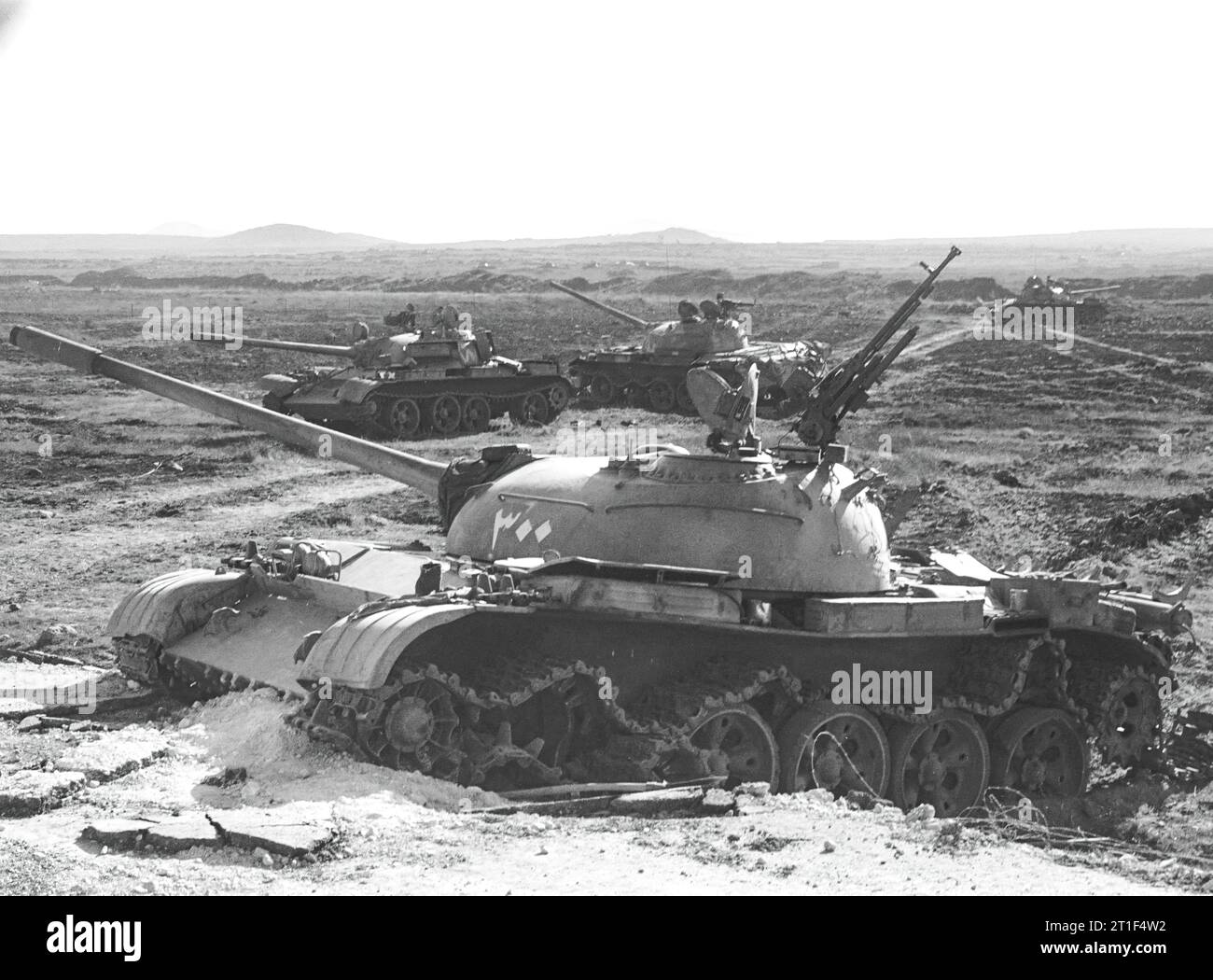 YOM KIPPUR WAR. SYRIAN T55 AND T54 TANKS KNOCKED  OUT OF ACTION ON THE GOLAN HEIGHTS. Stock Photo