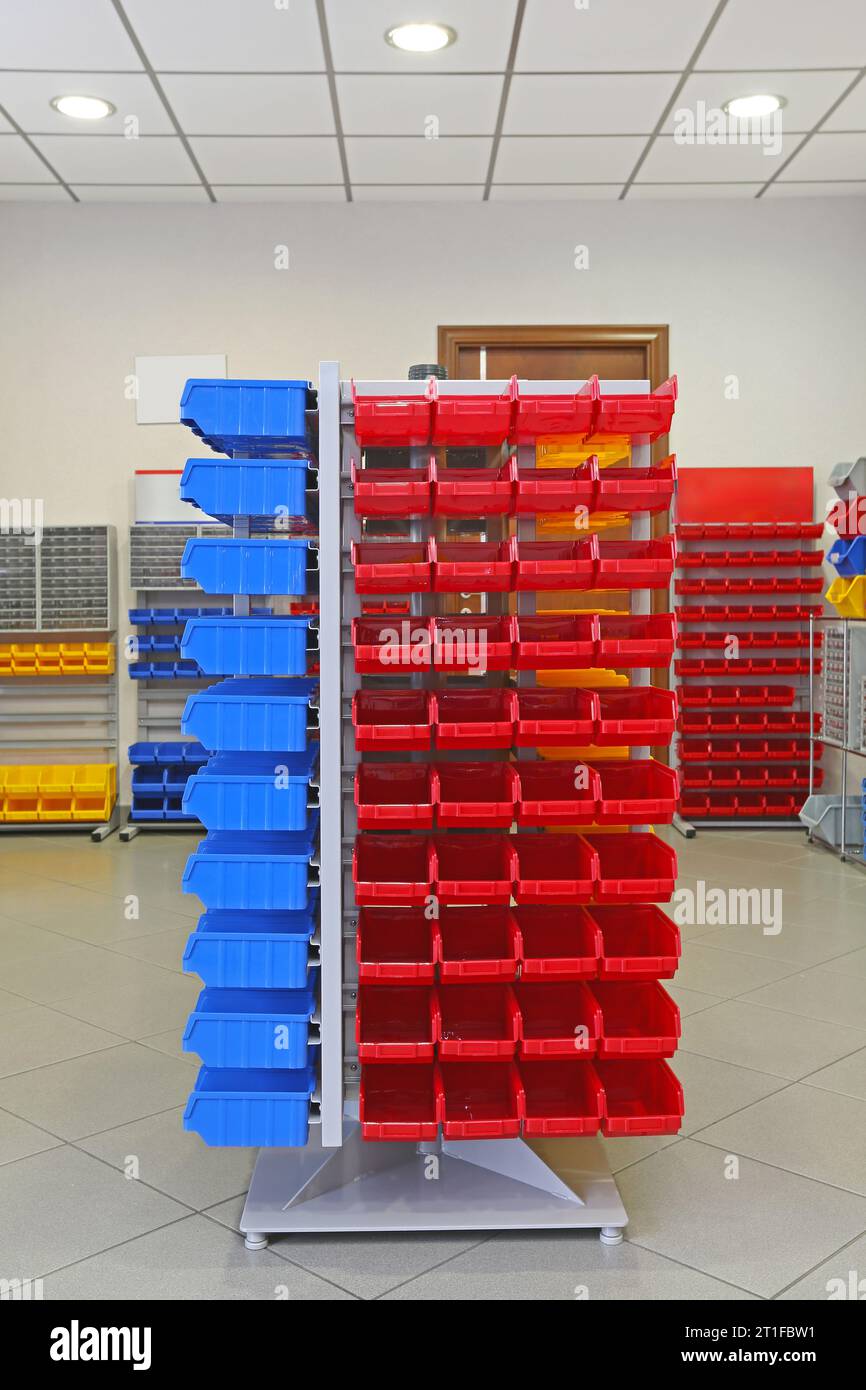 Storage Organizer Cart With Plastic Sorting Bins Workshop Stock Photo