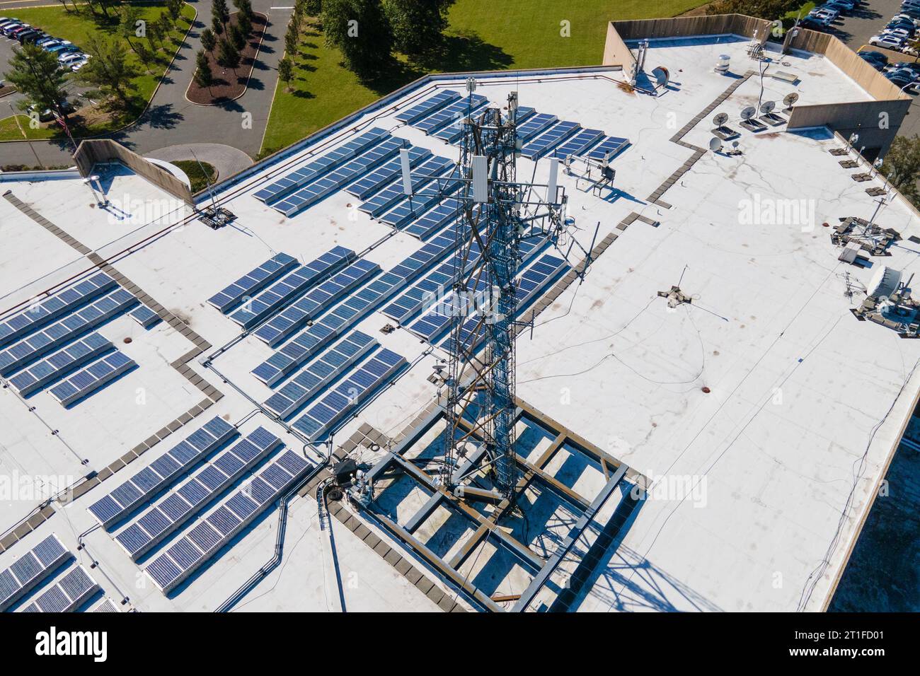 Solar panels and a cellular tower are atop AT&T Labs in Middletown