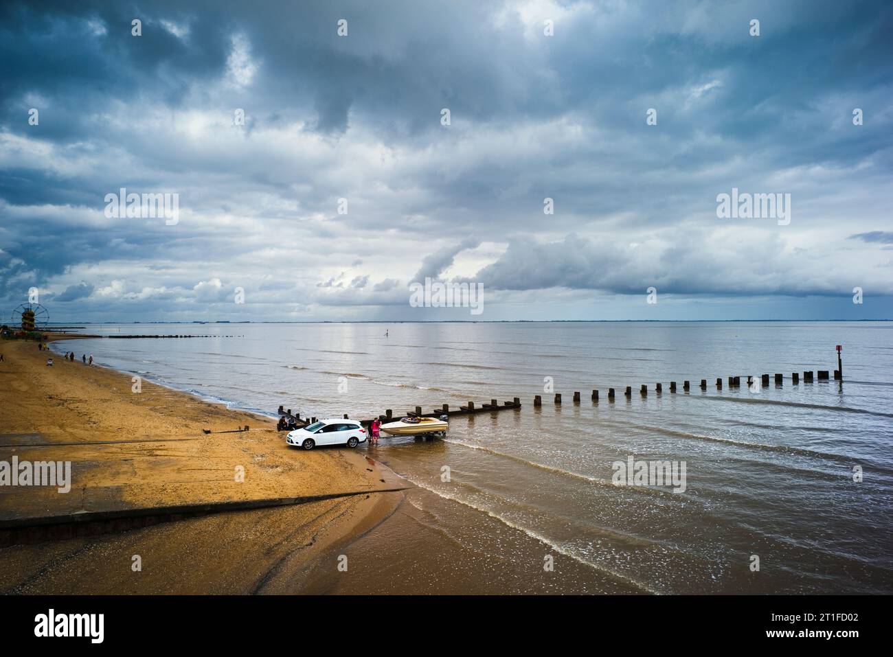 Looking down on a boat being launched at high tide in Cleethorpes Stock Photo