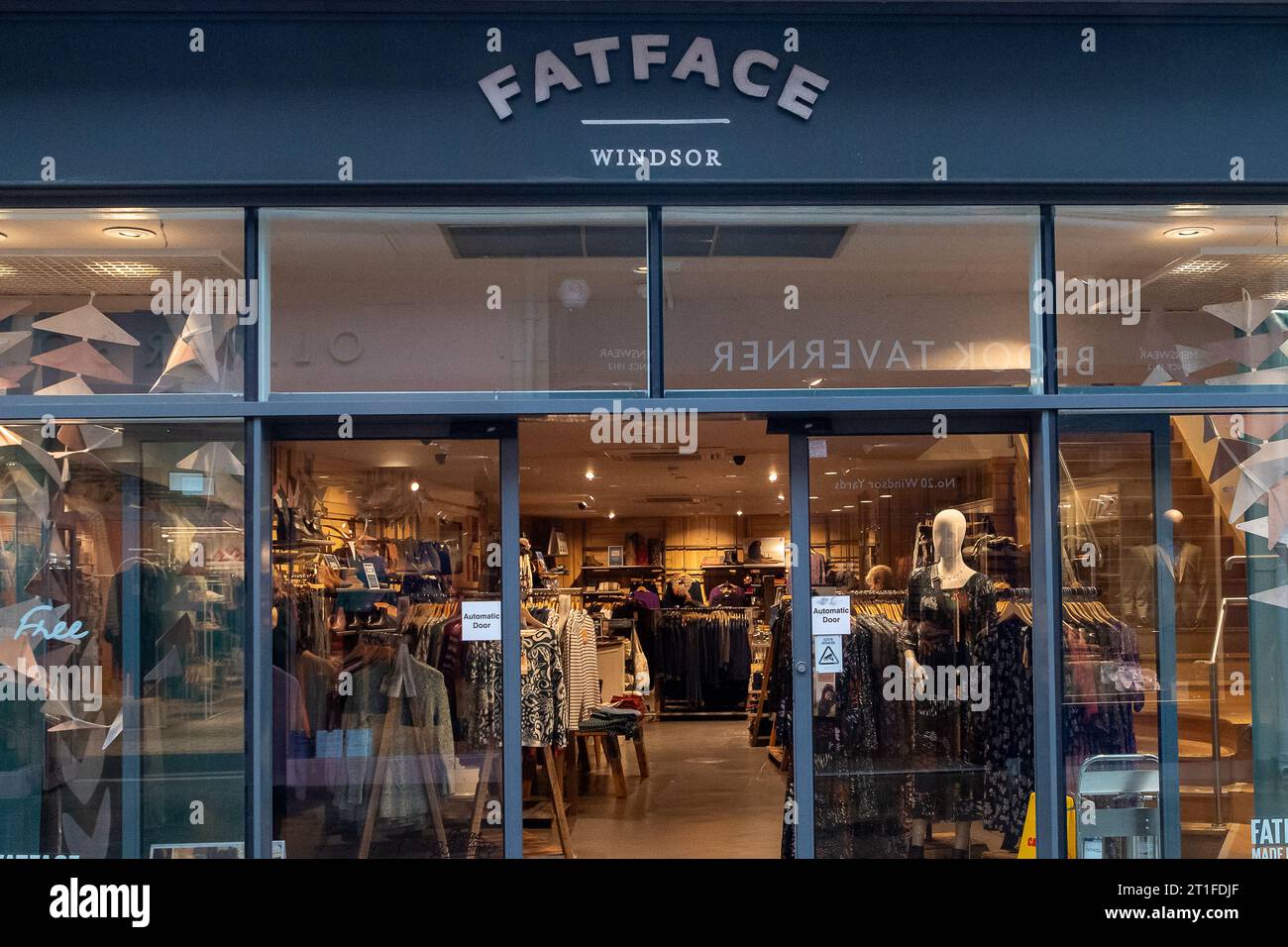 Windsor, Berkshire, UK. 13th October, 2023. A FatFace shop in Windsor, Berkshire. High Street clothing chain, Next, has bought out clothing retailer Fatface for a reported sum of £115m. The sale is expected to go through over the coming few weeks. FatFace's management will hold a 3% share in the business, with Next owning the remaining 97%. FatFace has approximately 180 UK stores whilst Next has around 500 stores. Credit: Maureen McLean/Alamy Live News Stock Photo