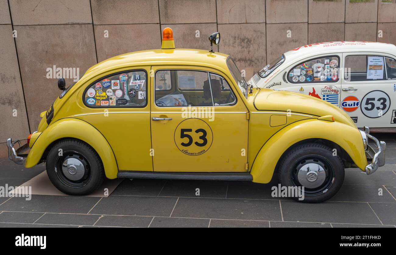 Scheveningen, The Netherlands, 14.05.2023, Yellow Volkswagen Beetle from the 1970s with beacon on the roof at The Aircooled classic car show Stock Photo