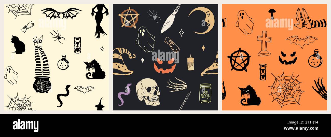 Set of seamless patterns with Halloween elements. Stock Vector