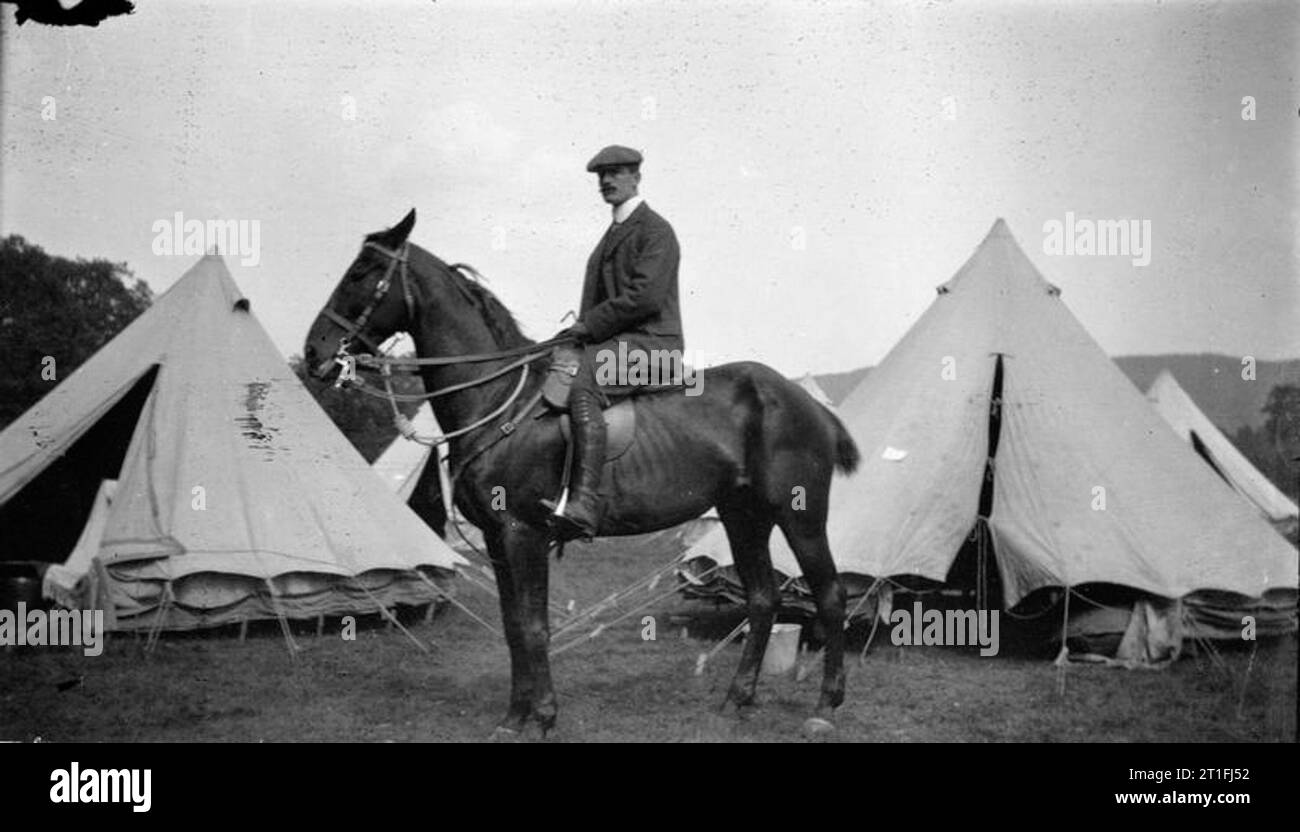 The British Army in Pre-1914 Period Officer of one of the Scottish mounted regiments on his horse wearing civilian cloths. Stock Photo