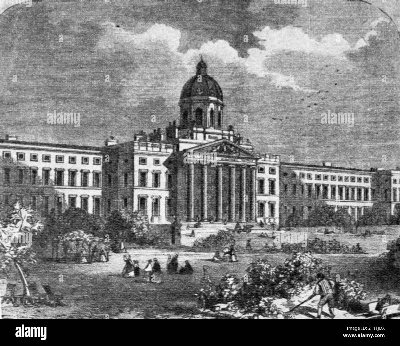 History of the Imperial War Museum- the Bethlem Royal Hospital A copy of a 19th century print showing the exterior of the Bethlem Royal Hospital at Lambeth Road, London. The building subsequently became the home of the Imperial War Museum in 1936. The picture shows the two large wings to either side of the main building, which were demolished to form the space now occupied by the Geraldine Mary Harmsworth Park. Stock Photo