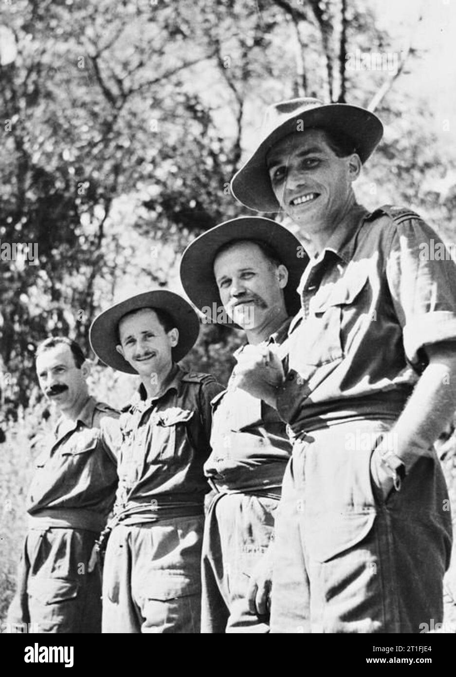 Polish officers serving with the 1st Battalion, Gambia Regiment (6st West African Infantry Brigade, 81st West African Division) during the Third Arakan Campaign. Left to right: Lieutenant Adam Grzywacz, D and X Companies; Lieutenant Wies?aw Bulkowski (or Bu?kowski), Mortar Platoon; Captain Jan K. ?ele?nik MC, Mortar Platoon and A Company; Major Stanis?aw Lisiecki, the CO of the B Company. Stock Photo
