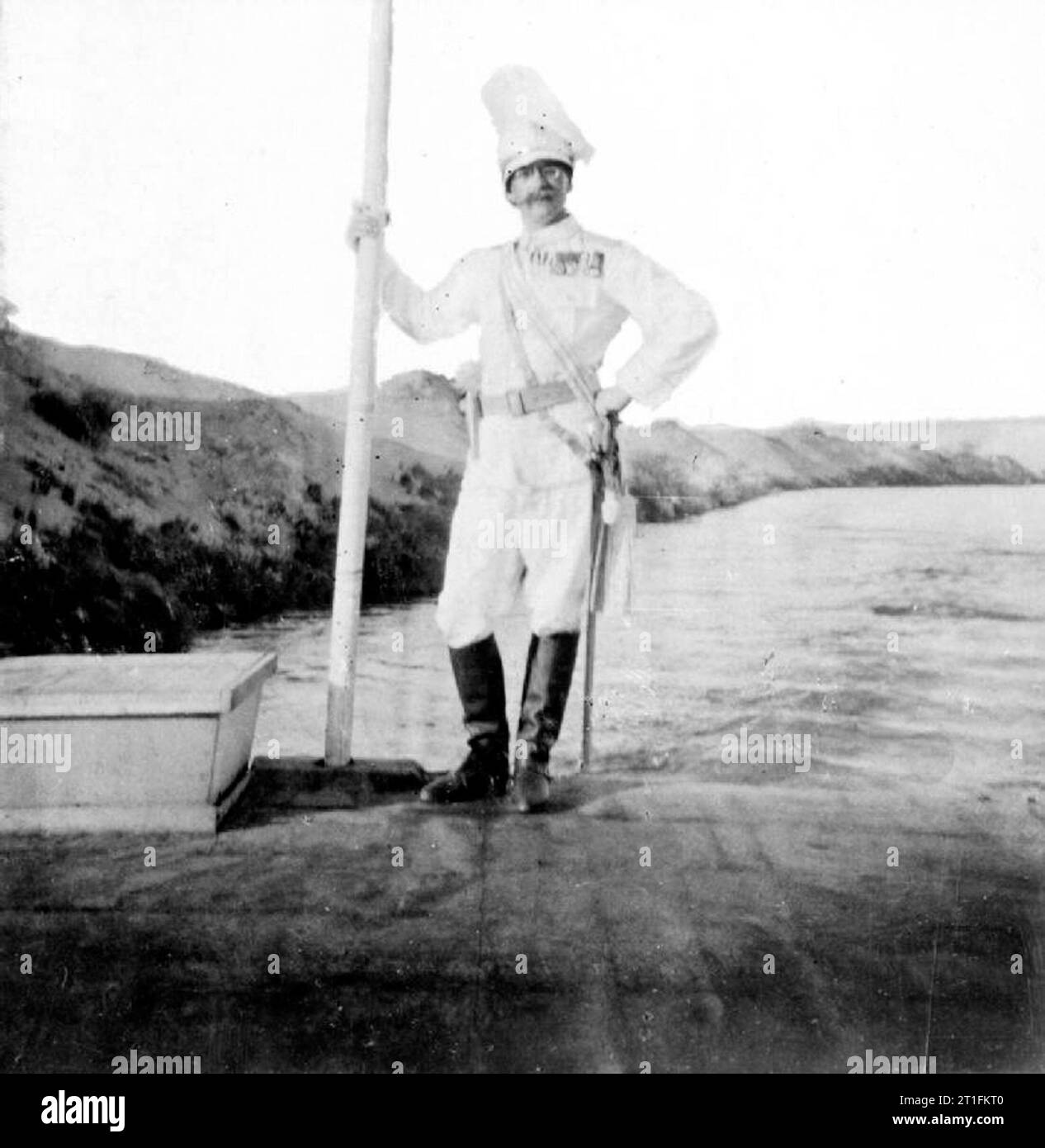 General Kitchener and the Anglo-egyptian Nile Campaign, 1898 Captain Adolf von Tiedemann, German Military attachÃ? and observer of the Campaign, poses in full dress uniform beside the River Nile after the Battle of Omdurman, during which Anglo Egyptian forces regained control of the city of Khartoum. Von Tiedemann accompanied Lord Kitchener when he travelled by boat to Khartoum for the ceremony to commemorate the death of General Gordon (who was killed when Khartoum fell to Mahdist forces on 26 January 1885). Stock Photo