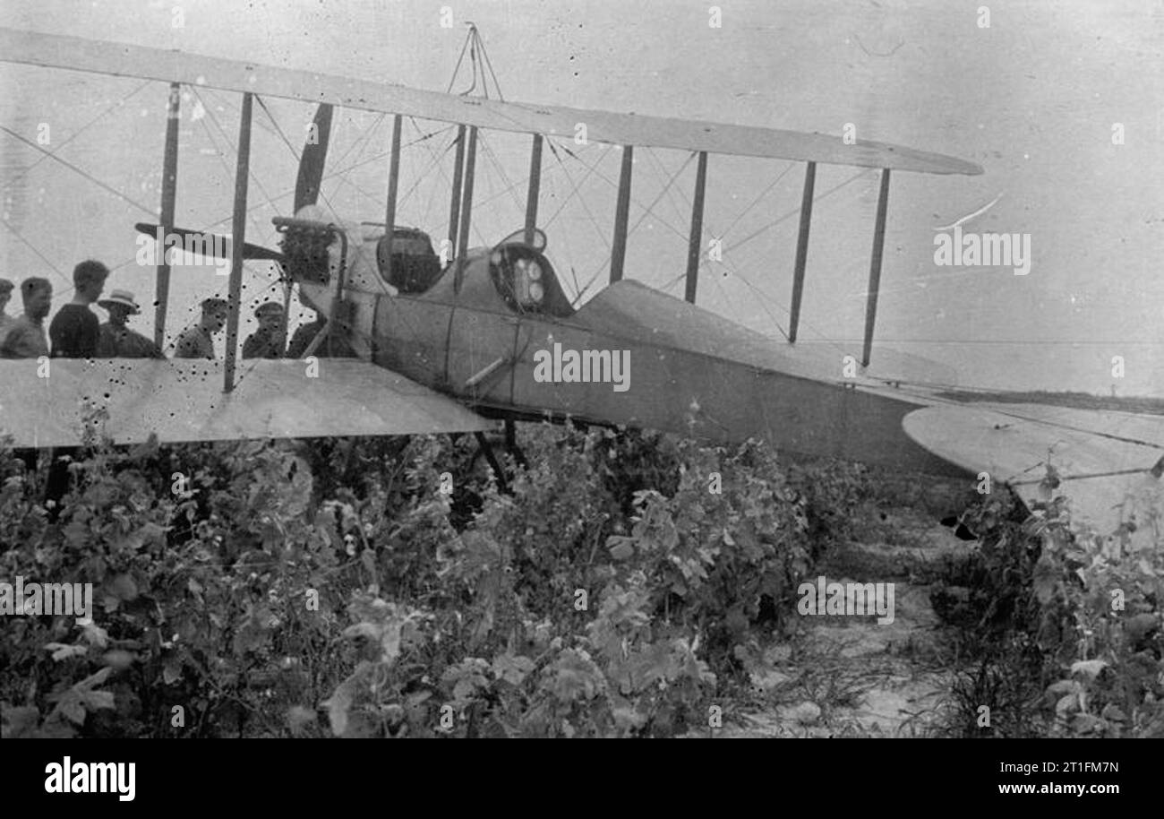 Knatchbull M (capt the Hon) Collection No. 3 Squadron R. N. A. S. B. E. 2 C. aeroplane after a forced landing: Tenedos, Gallipoli, June 1915. Stock Photo