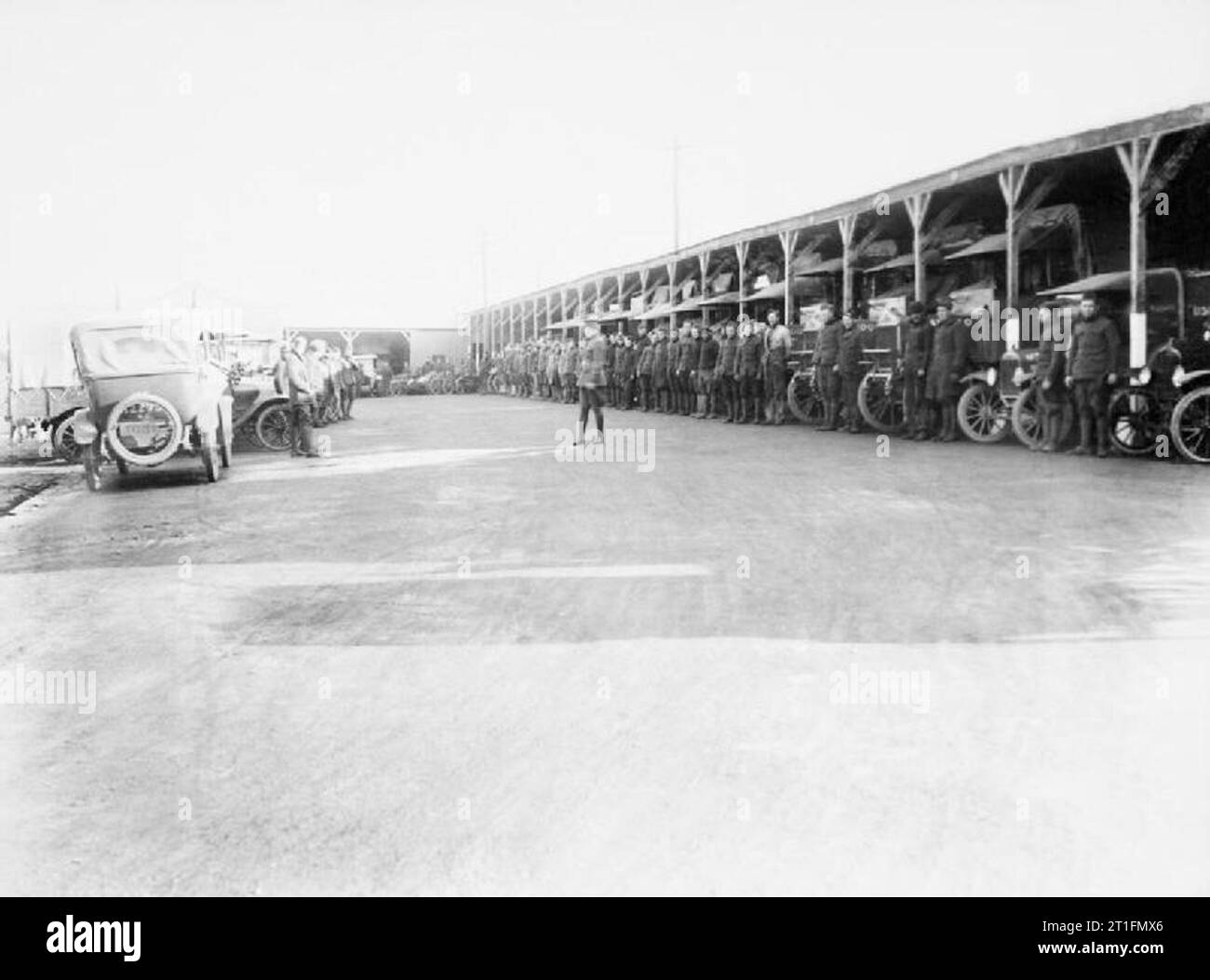 The United States Army in England, 1918 US Army garage at Morn Hill Rest Camp, Winchester, England. Stock Photo