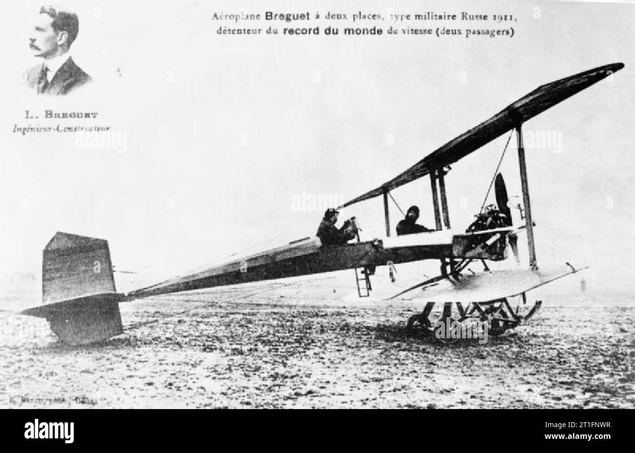 Aviation in Britain Before the First World War A Breguet two seater biplane on the ground with pilot and passenger. According to the French caption on the photograph this was the standard Russian military aircraft and holder of the world record for speed with two people. In one corner is a photograph of L Breguet with Engineer and Constructor (in French) written underneath. There is very little tone in the image. Stock Photo