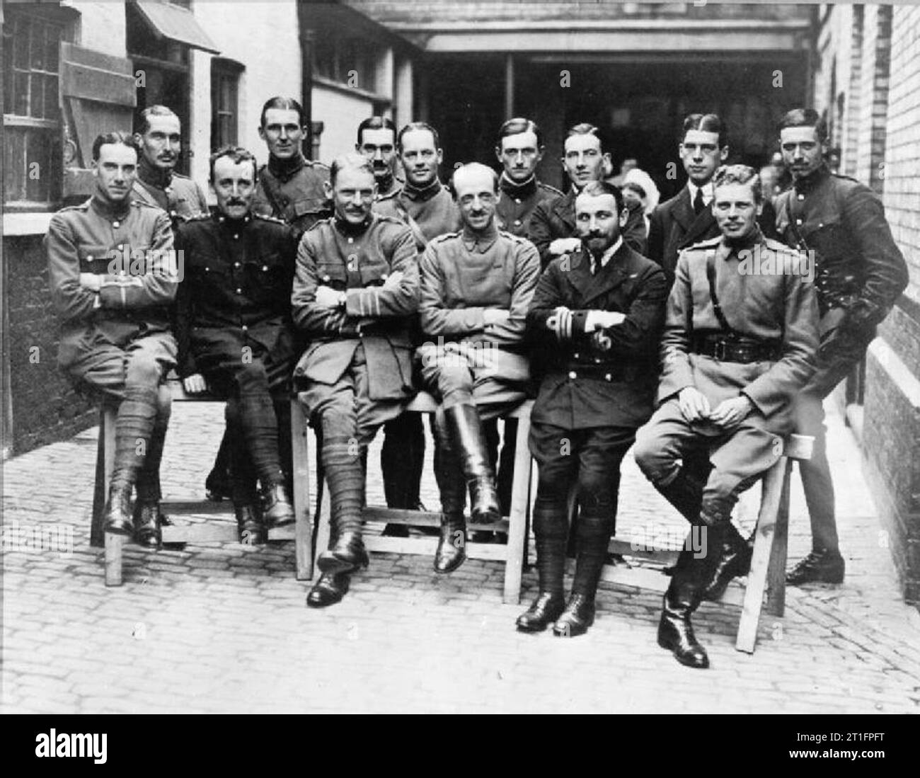 A group of officers of the Royal Flying Corps. These men were among the first flying and administrative officers of the RFC, and some of the first pilots ever qualified by the Royal Aero Club (RAeC certificate numbers and dates in parentheses).[1] Front row, seated (left to right) Lieutenant (later Captain) Geoffrey de Havilland (No. 53, 7/2/1911)[1]:118 Captain (later Air Commodore) Robert Gordon, R.M.[2] (No. 166, 6/12/1911)[1]:113 Major (later Air Chief Marshal) Robert Brooke-Popham (No. 108, 18/7/1911)[1]:148 Major (later Major-General) Frederick Sykes, first Officer Commanding the Militar Stock Photo